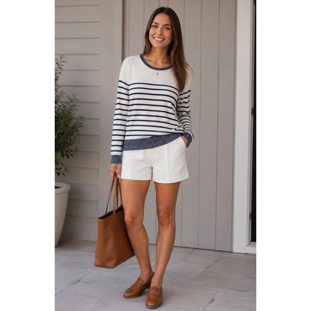 Gap Navy Cream Striped Crewneck Sweater Womens Small Preppy Coastal Classic